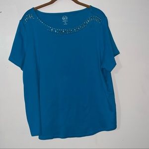 WESTPORT Women Pullover Top Rhinestone Neckline Teal Short Sleeve Plus Size 3X